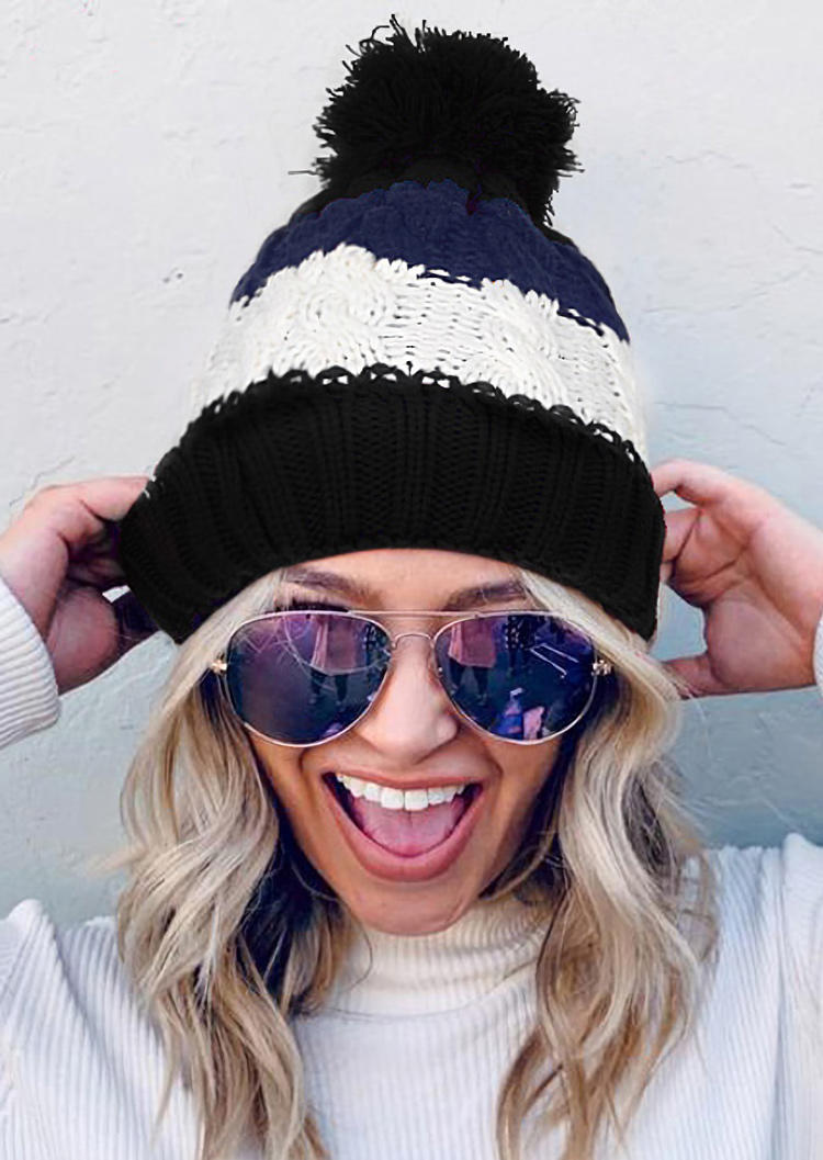 

Color Block Knitted Warm Beanie Hat, Blue, 519402