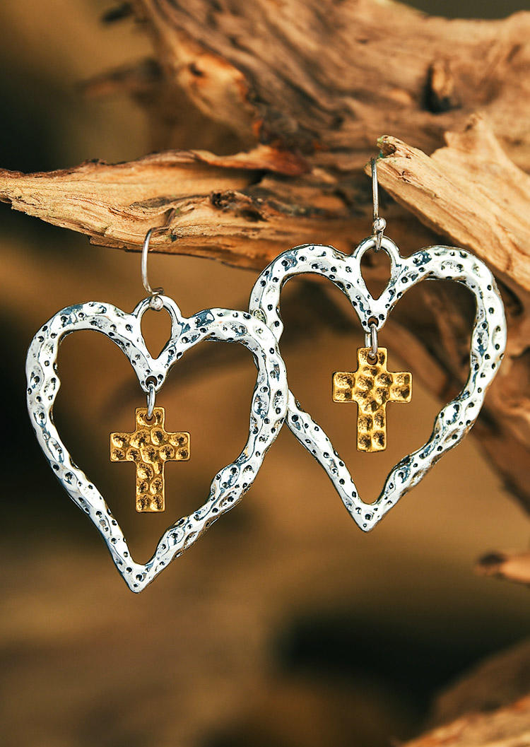 

Hollow Out Heart Cross Pendant Earrings, Silver, 519462