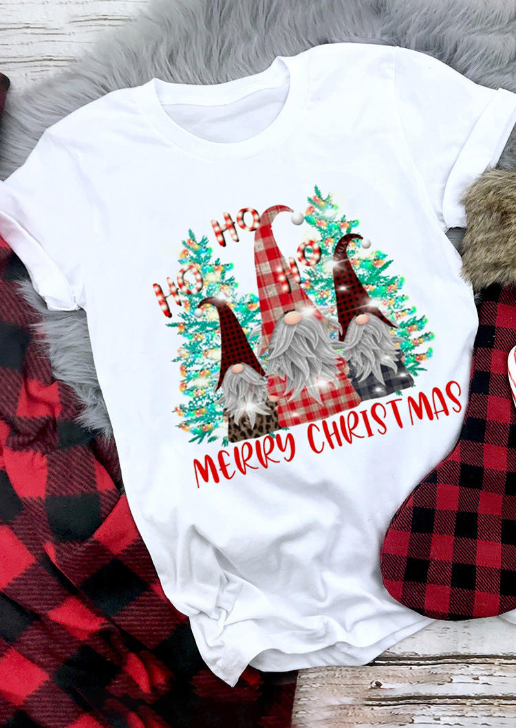 

Ho Ho Ho Merry Christmas Tree Gnomies T-Shirt Tee - White, 519581