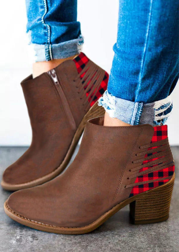 

Buffalo Plaid Zipper Round Toe Heeled Boots - Brown, 519634