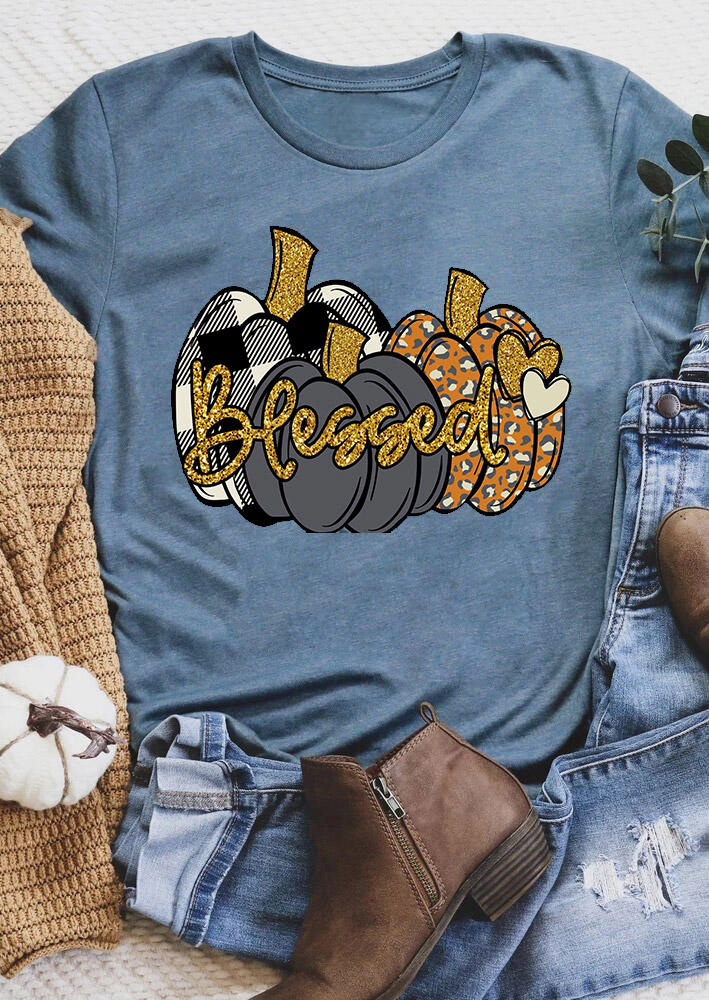 Thanksgiving Blessed Plaid Leopard Pumpkin T-Shirt Tee - Blue