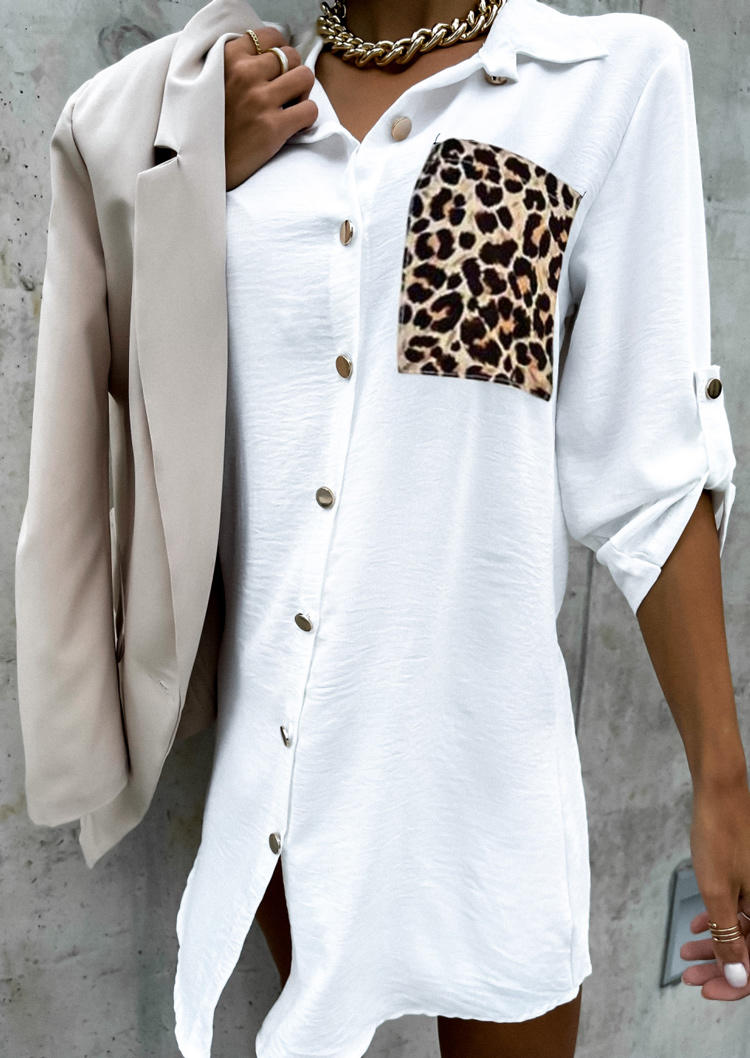 Leopard Splicing Pocket Button Shirt Mini Dress - White