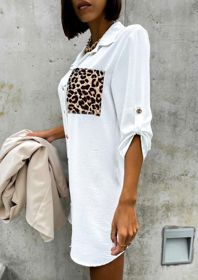 Leopard Splicing Pocket Button Shirt Mini Dress - White