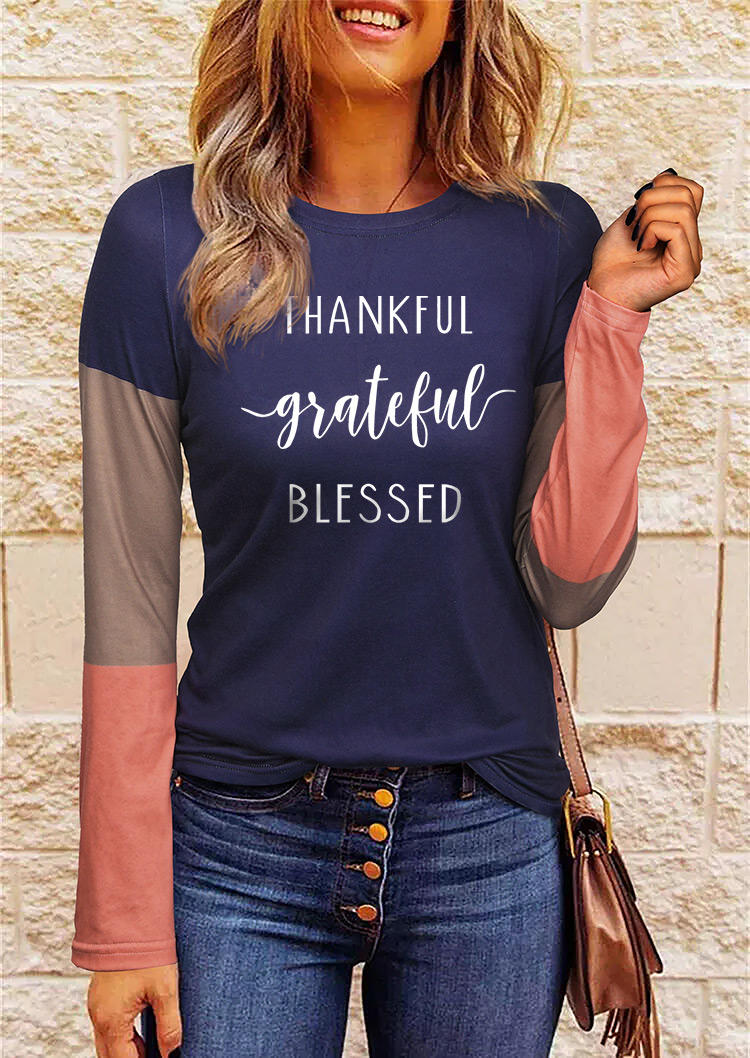 

Thankful Grateful Blessed Color Block Long Sleeve Blouse, Multicolor, 519023