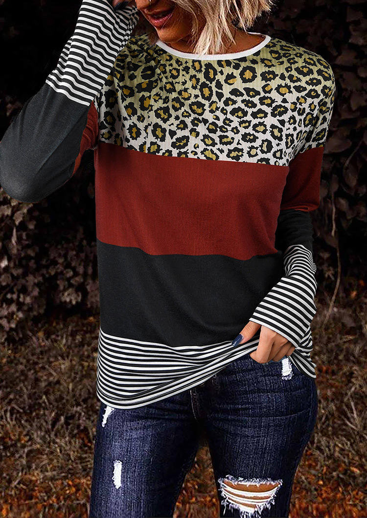 Leopard Striped Color Block Splicing Long Sleeve Blouse