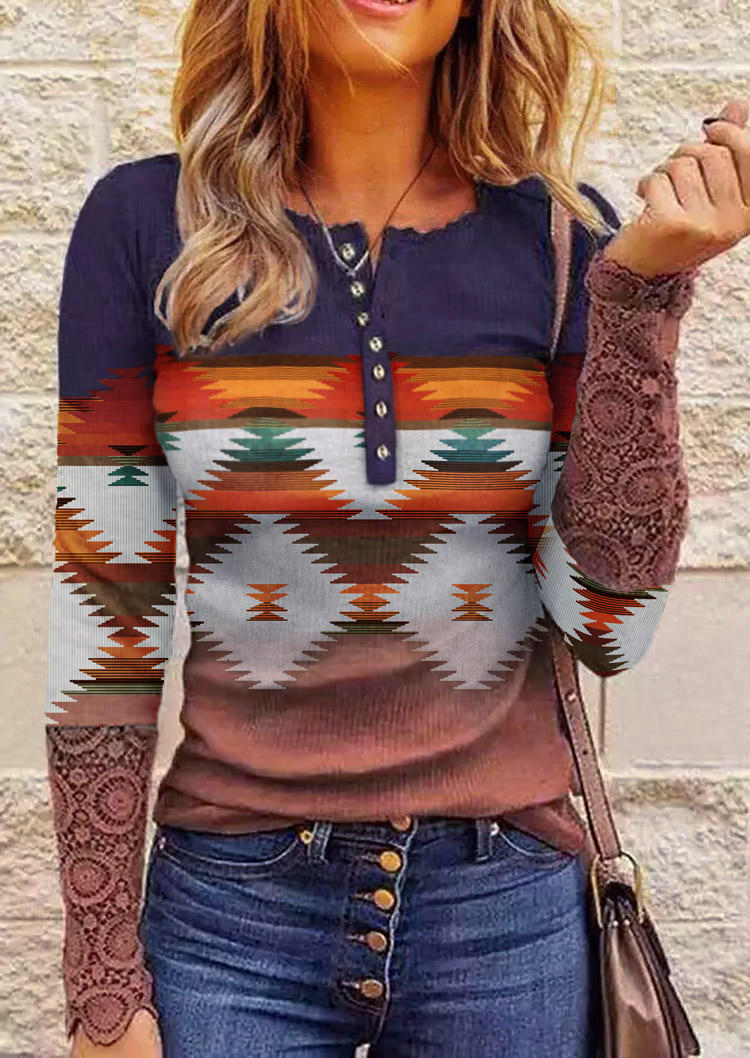 

Lace Aztec Geometric Button Blouse, Multicolor, 519043