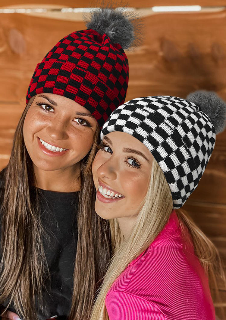 

Checkerboard Plaid Knitted Beanie Hat, Red;white, 519307