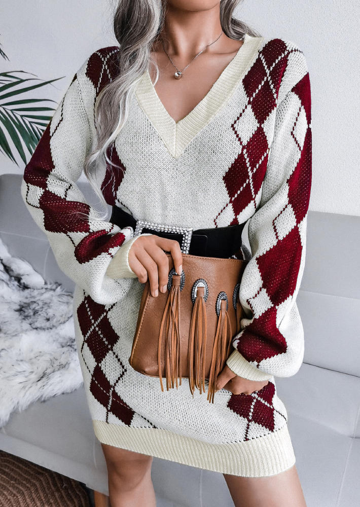 

Plaid Long Sleeve V-Neck Sweater Mini Dress - Beige, 519308