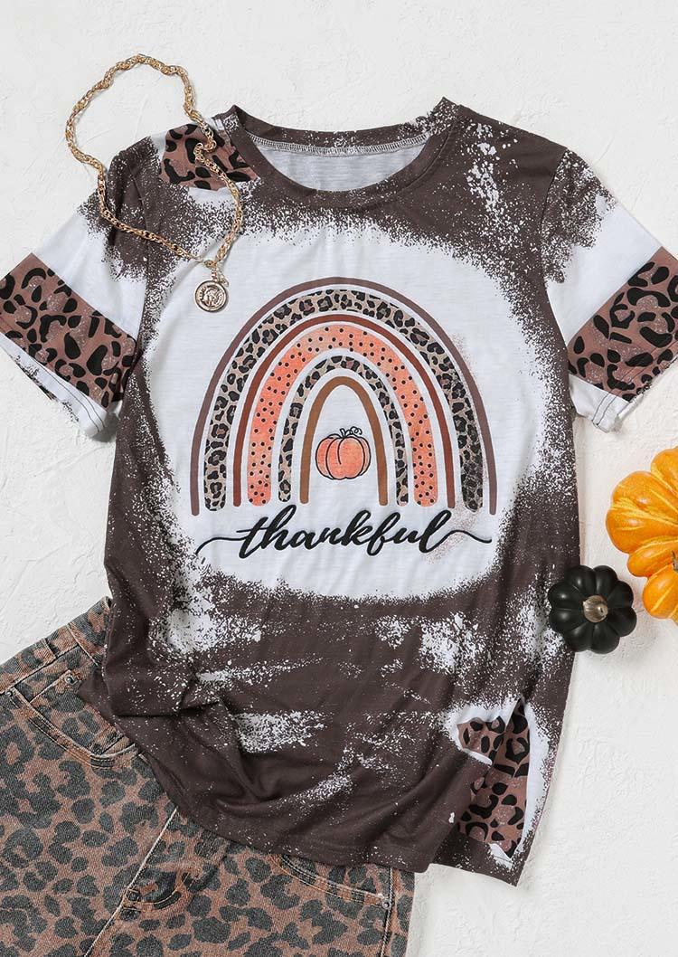

Thankful Leopard Pumpkin Bleached T-Shirt Tee - Brown, 519310