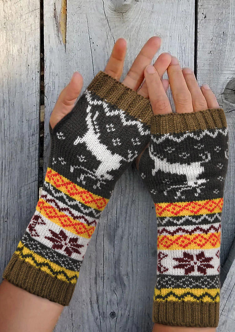 

Reindeer Warm Knitted Fingerless Gloves, Khaki, 519319