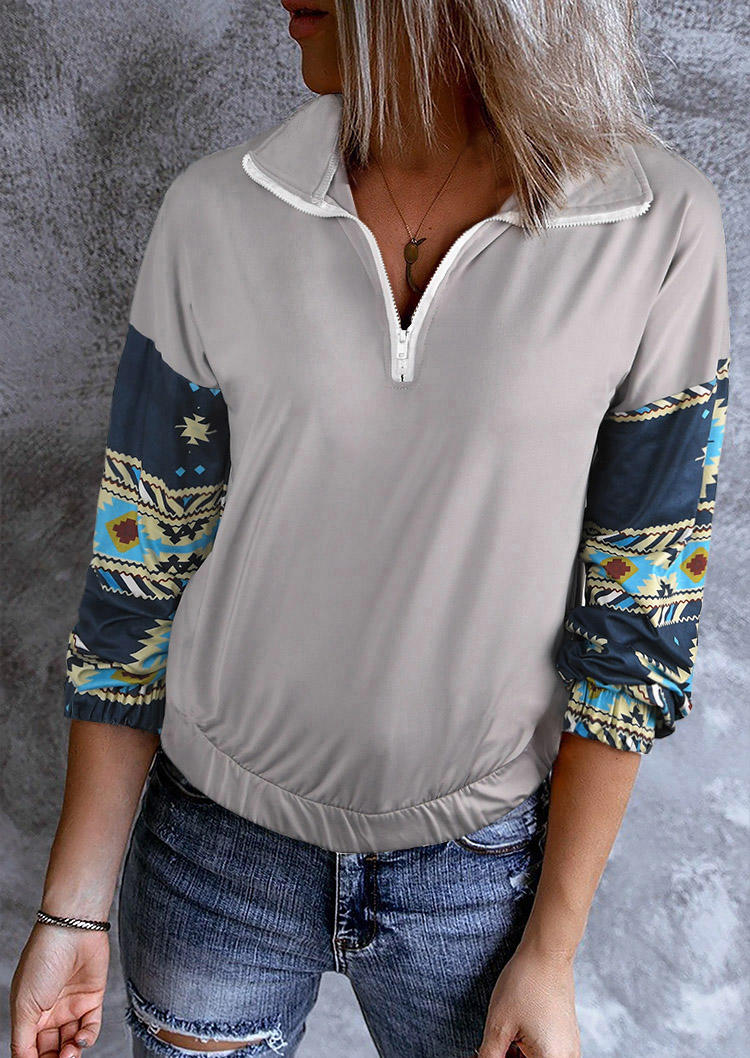 

Aztec Geometric Zipper Elastic Cuff Sweatshirt, Multicolor, 519321