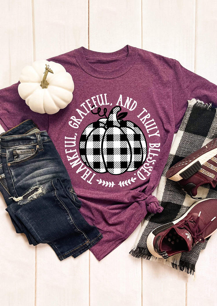 

Thankful Grateful And Truly Blessed Plaid Pumpkin T-Shirt Tee - Purple, 519328