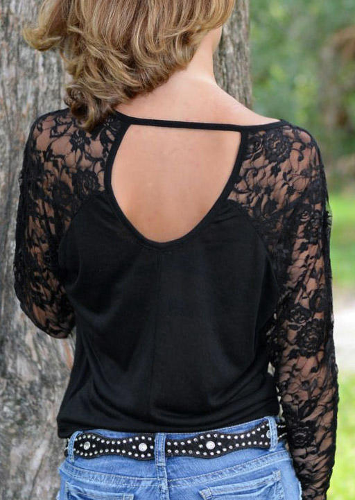 

Lace Cut Out Long Sleeve Blouse - Black, 519337