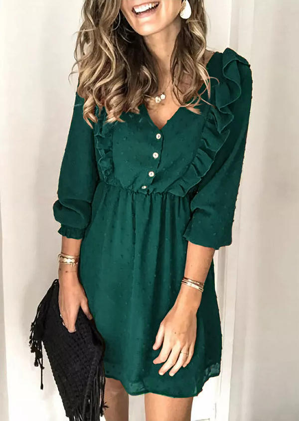 

Ruffled Button Elastic Cuff Mini Dress - Green, 519353