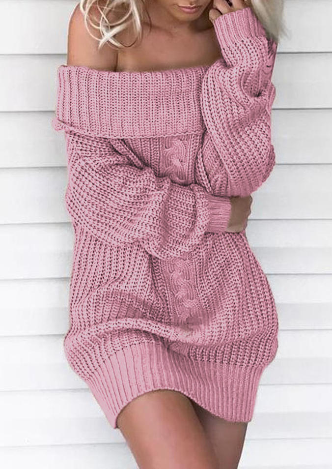Crochet Off Shoulder Sweater Mini Dress - Pink