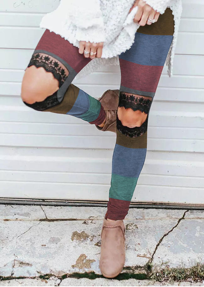 

Lace Cut Out Color Block Striped Skinny Leggings, Multicolor, 519404