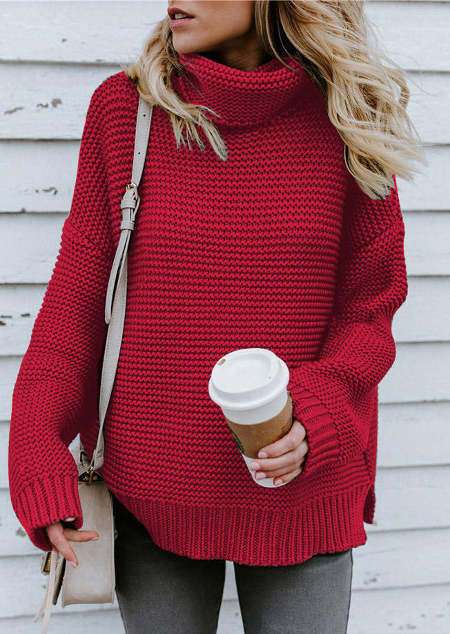 

Knitted Slit Turtleneck Long Sleeve Sweater - Red, 519419