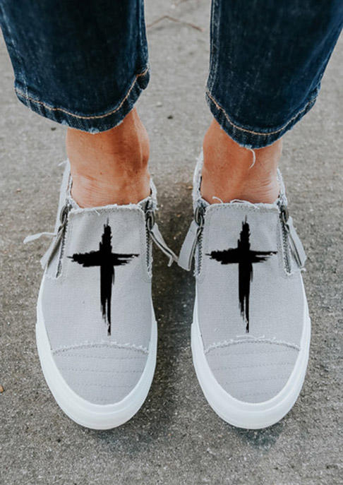

Cross Zipper Slip On Flat Canvas Sneakers - Gray, 519699