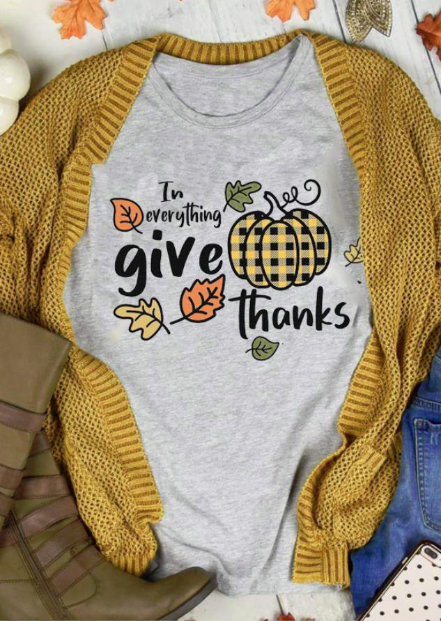 

In Everything Give Thanks Plaid Pumpkin Leaf T-Shirt Tee - Gray, 519786