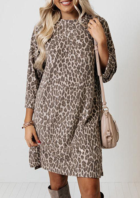 Leopard Slit Long Sleeve Mini Dress