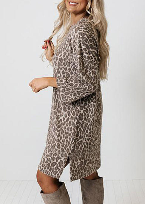 Leopard Slit Long Sleeve Mini Dress