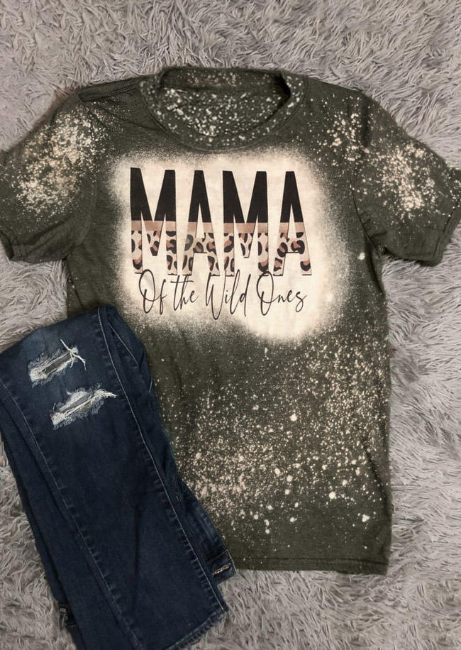 

Mama Of The Wild Ones Bleached T-Shirt Tee - Army Green, 519331