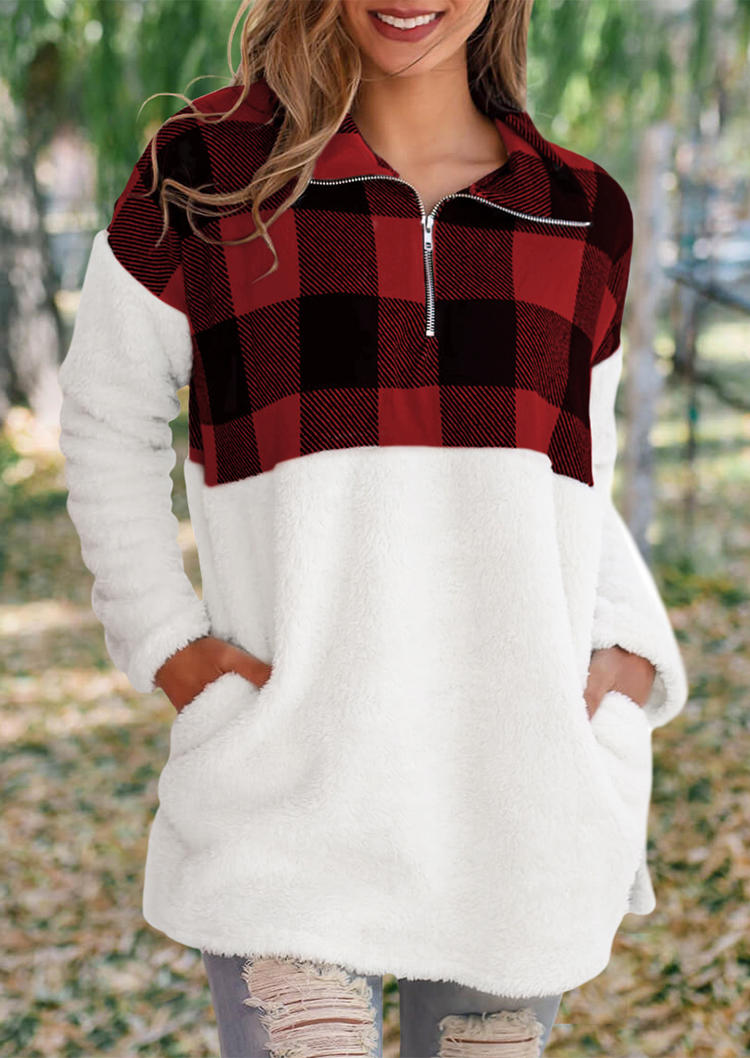 

Buffalo Plaid Fuzzy Zipper Sweatshirt - Red, 519340
