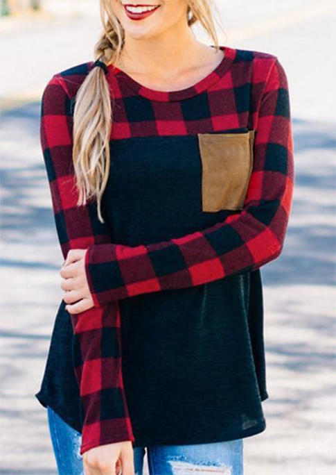 

Plaid Pocket Splicing Long Sleeve Blouse, 519388