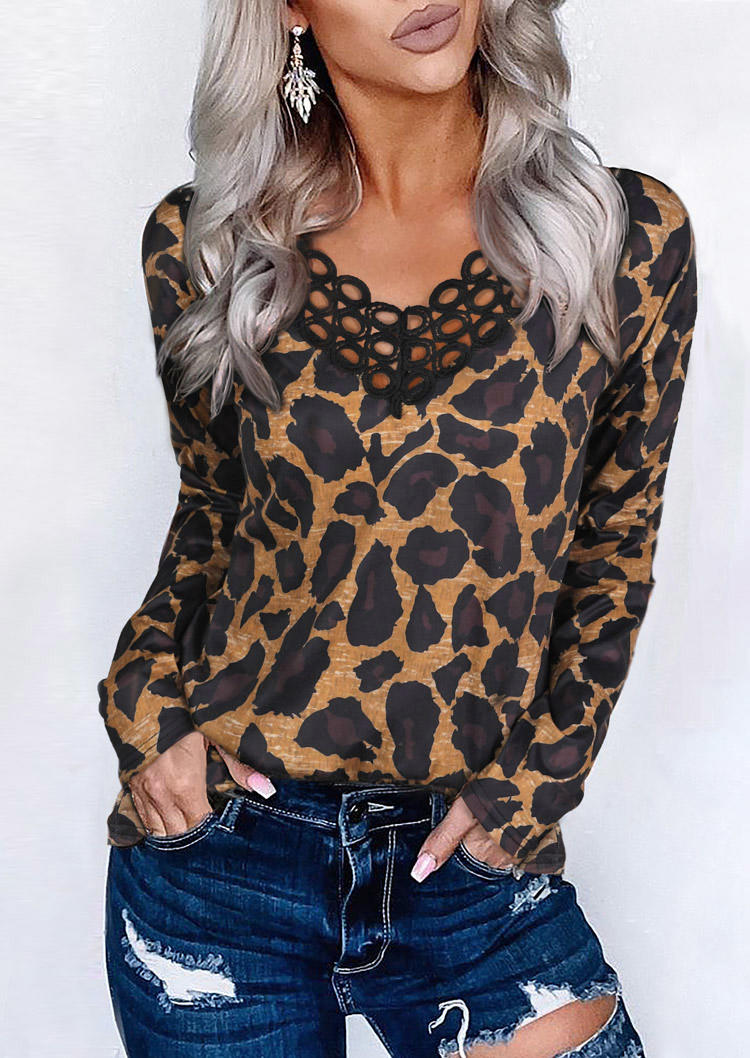 Lace Splicing Hollow Out Leopard Blouse