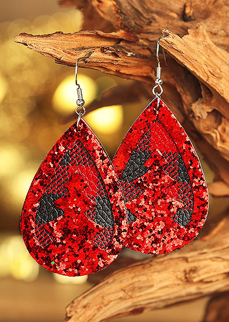 

Glitter Christmas Tree Buffalo Plaid Water Drop Earrings, Red, 519544