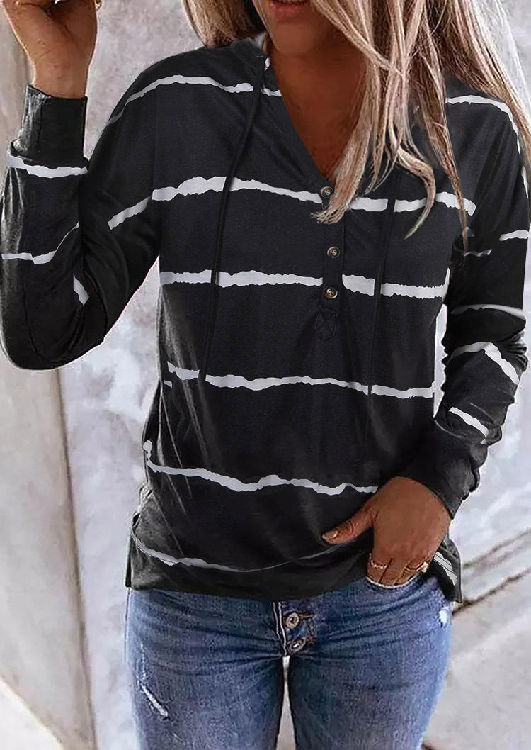 

Striped Drawstring Button Long Sleeve Hoodie - Black, 519640