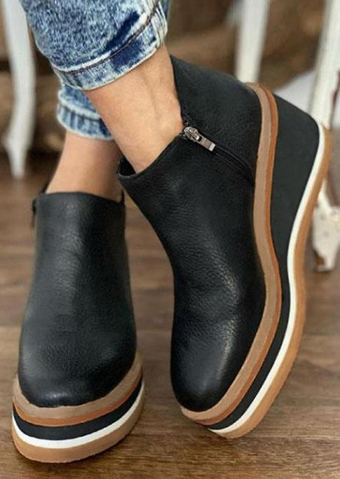 

Zipper Round Toe Wedged Ankle Boots - Black, 519718
