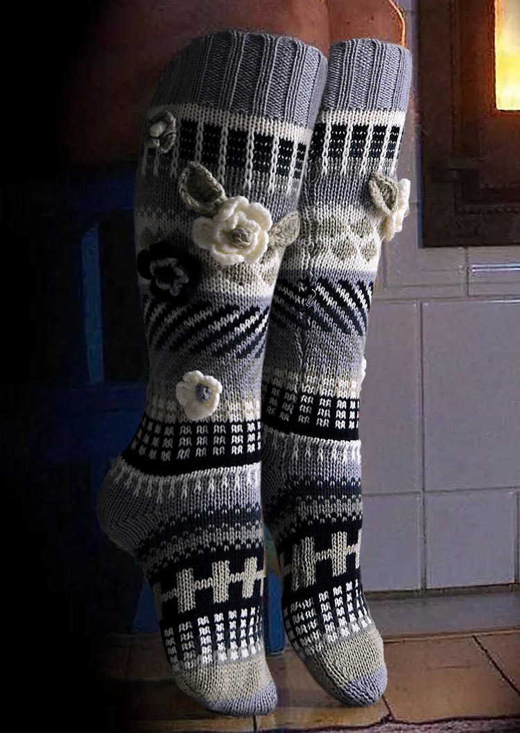 

Flower Knitted Leg Warmers Socks, Gray, 519741