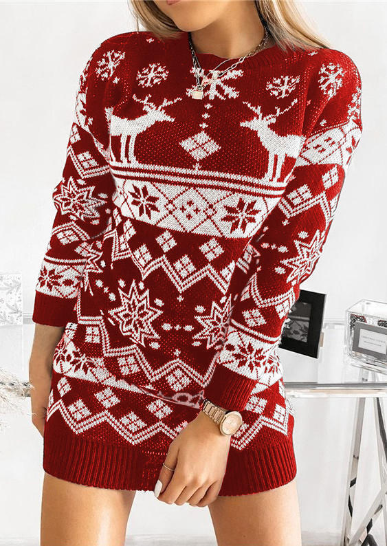

Christmas Elk Sweater Long Sleeve Mini Dress - Red, 519773
