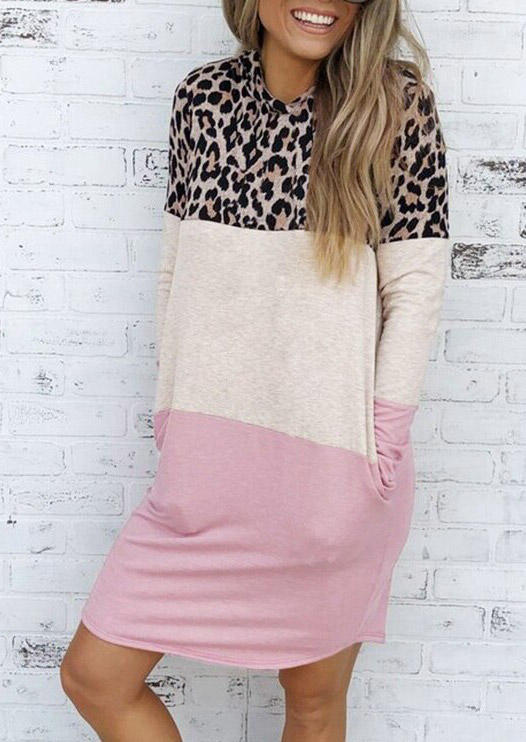 

Color Block Leopard Splicing Pocket Mini Dress, Multicolor, 519815