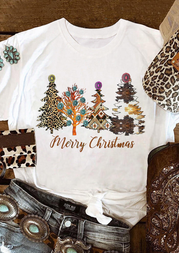 

Merry Christmas Leopard Tree T-Shirt Tee - White, 519816
