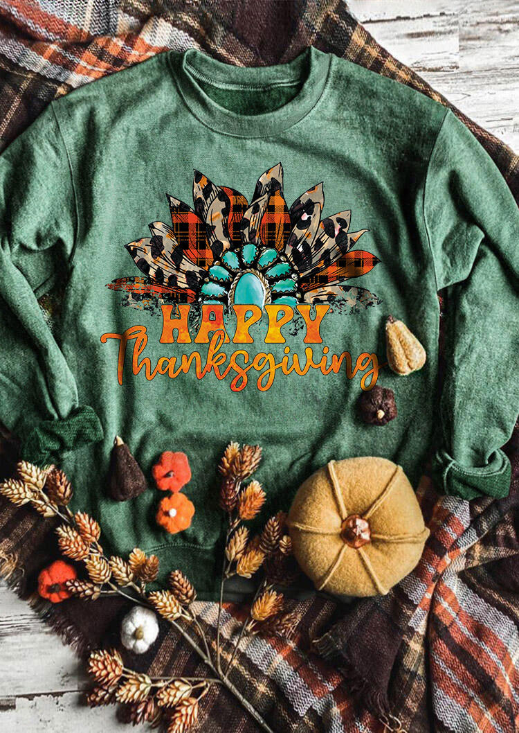 Happy Thanksgiving Turquoise Leopard Sunflower Sweatshirt - Green