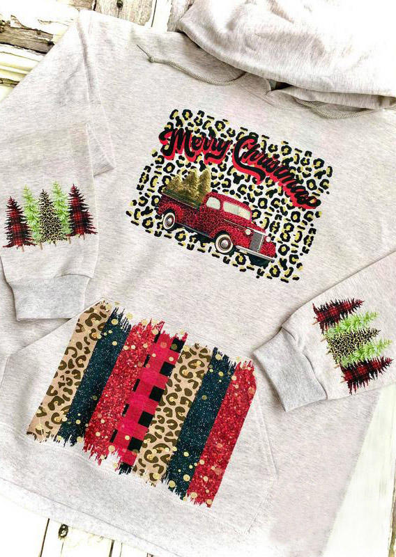 

Merry Christmas Tree Leopard Kangaroo Pocket Hoodie - Gray, 519823