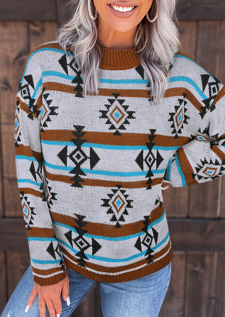 

Aztec Geometric Western O-Neck Sweater, Multicolor, 517445