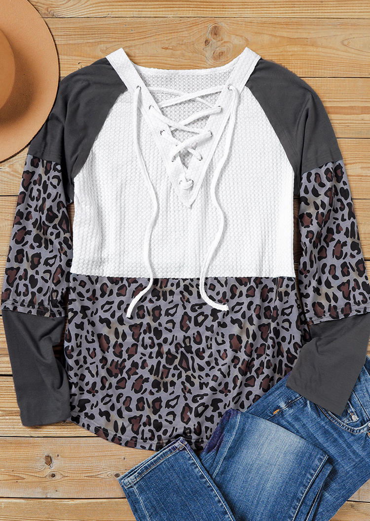 Lace Up Waffle Leopard Splicing Blouse