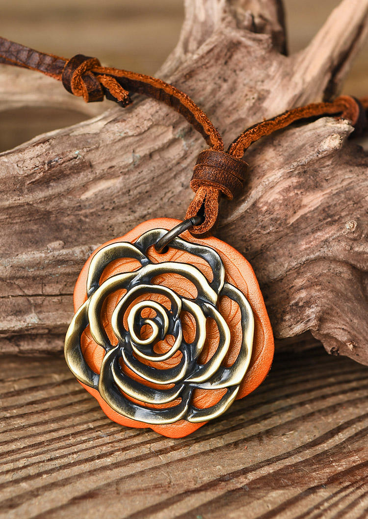 

Rose Leather Alloy Necklace, Brown, 519487