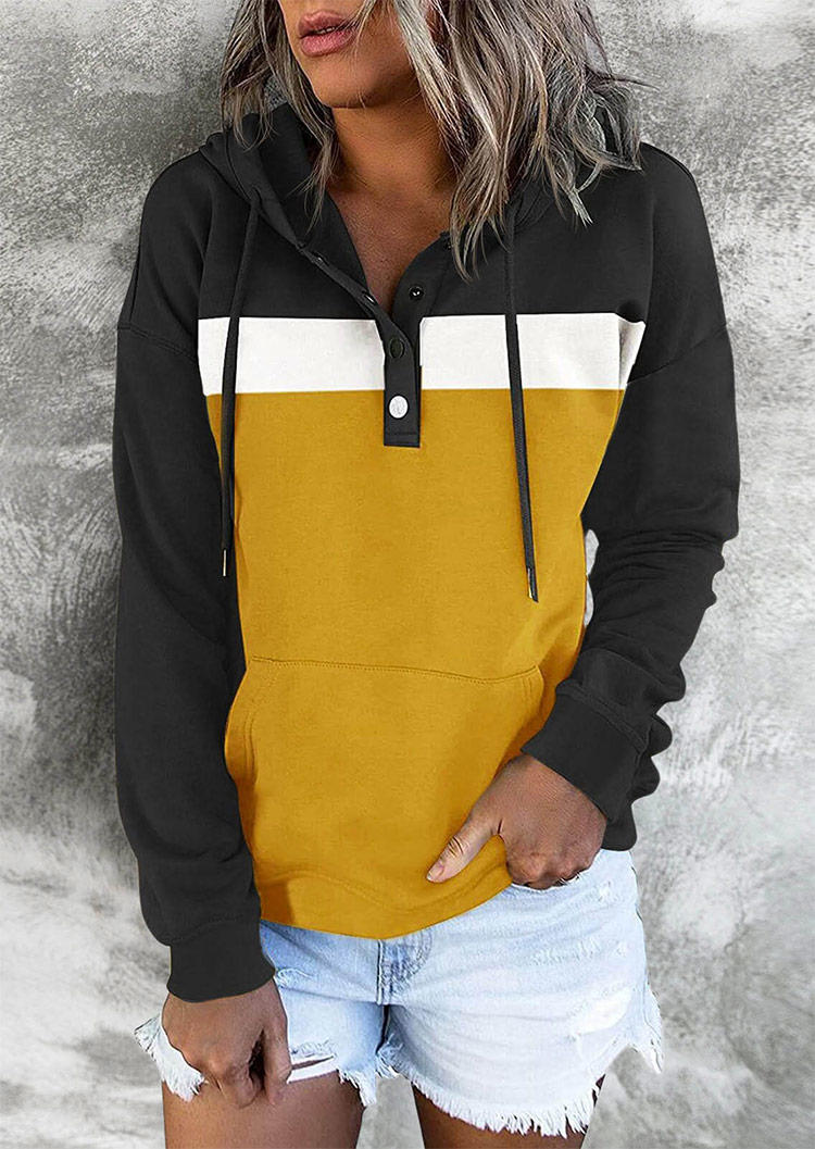 

Color Block Button Kangaroo Pocket Hoodie - Yellow, 519536