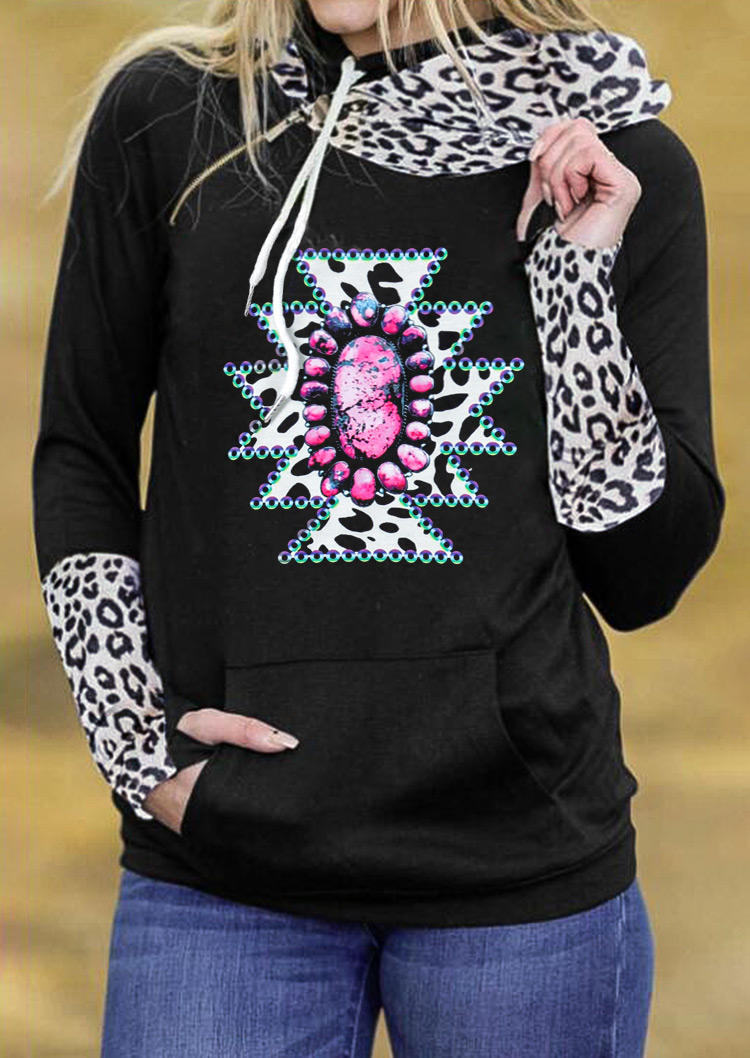 

Leopard Aztec Geometric Kangaroo Pocket Thumbhole Hoodie - Black, 519560