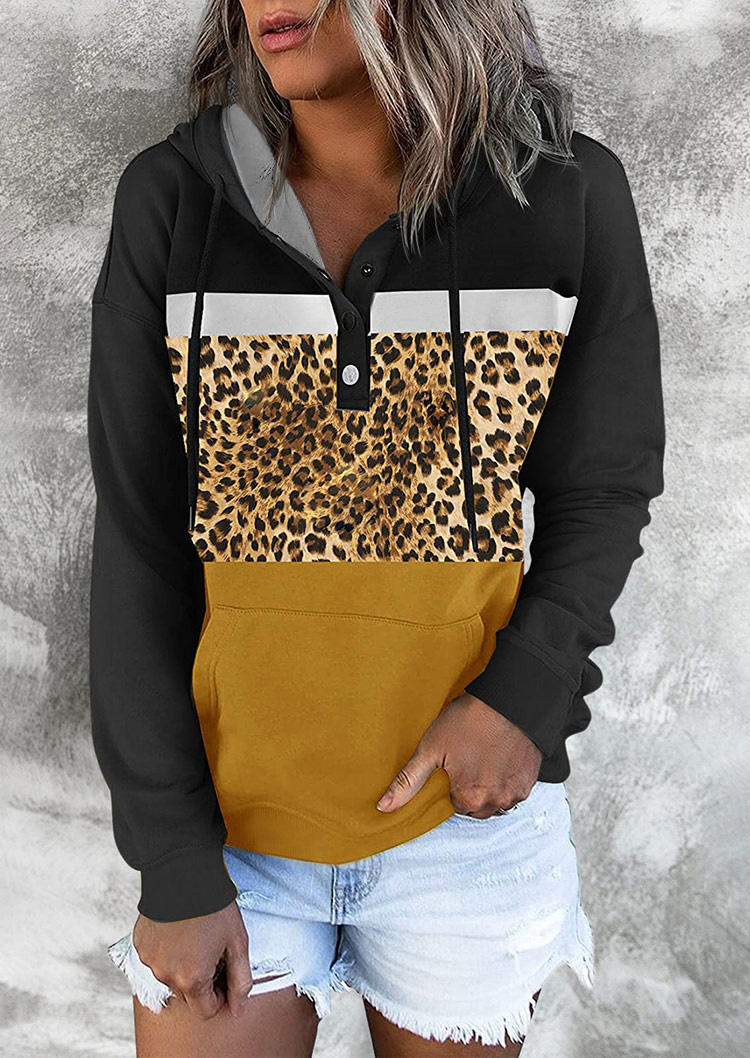 

Leopard Color Block Splicing Button Hoodie, Multicolor, 519590