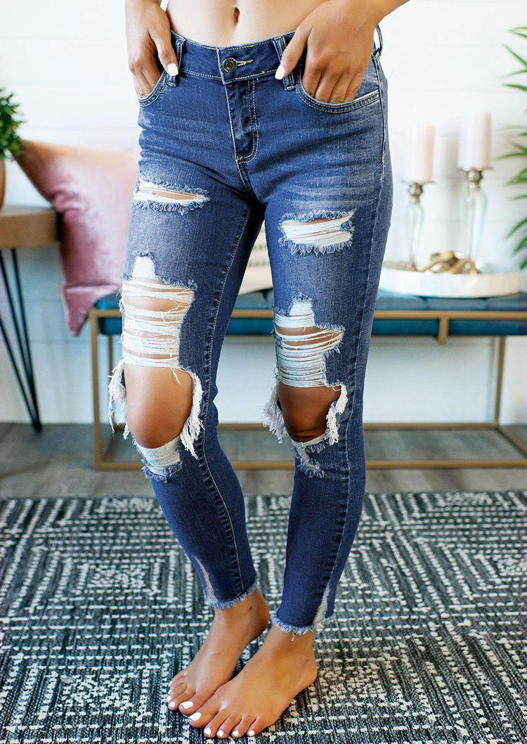 

Ripped Hole Frayed Hem Jeans Pants - Blue, 519753