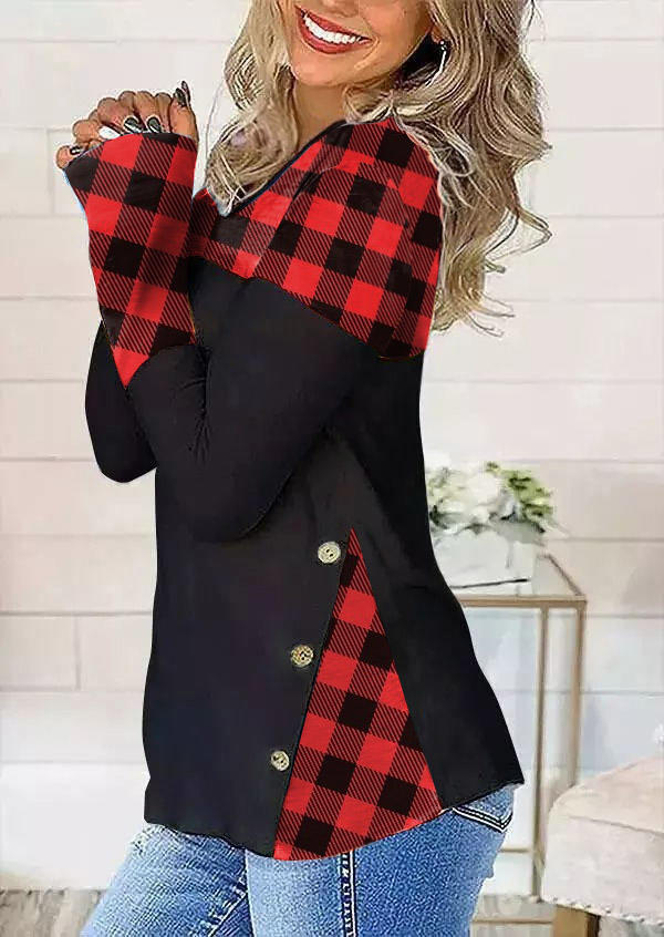 

Buffalo Plaid Button Splicing V-Neck Blouse - Black, 519810