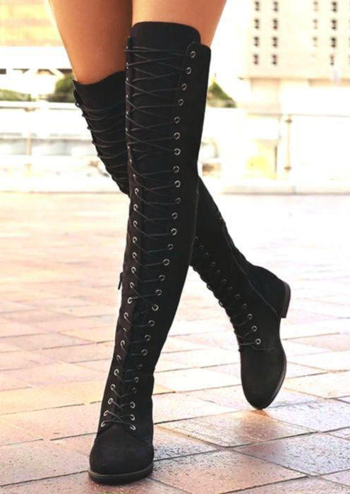 

Lace Up Round Toe Over Knee Boots - Black, 519849
