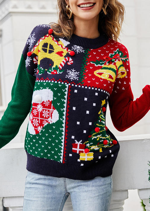 

Christmas Tree Snowflake Long Sleeve Sweater, Multicolor, 519974