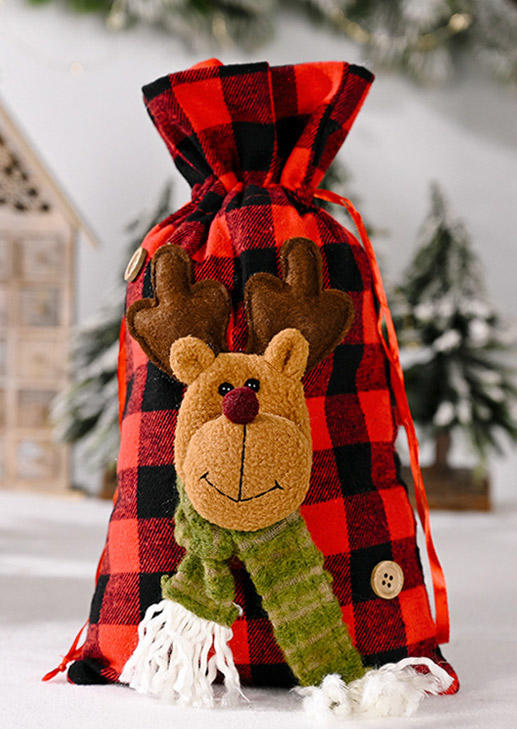 

Christmas Drawstring Buffalo Plaid Santa Reindeer Candy Bags, Pattern1;pattern2, 520039