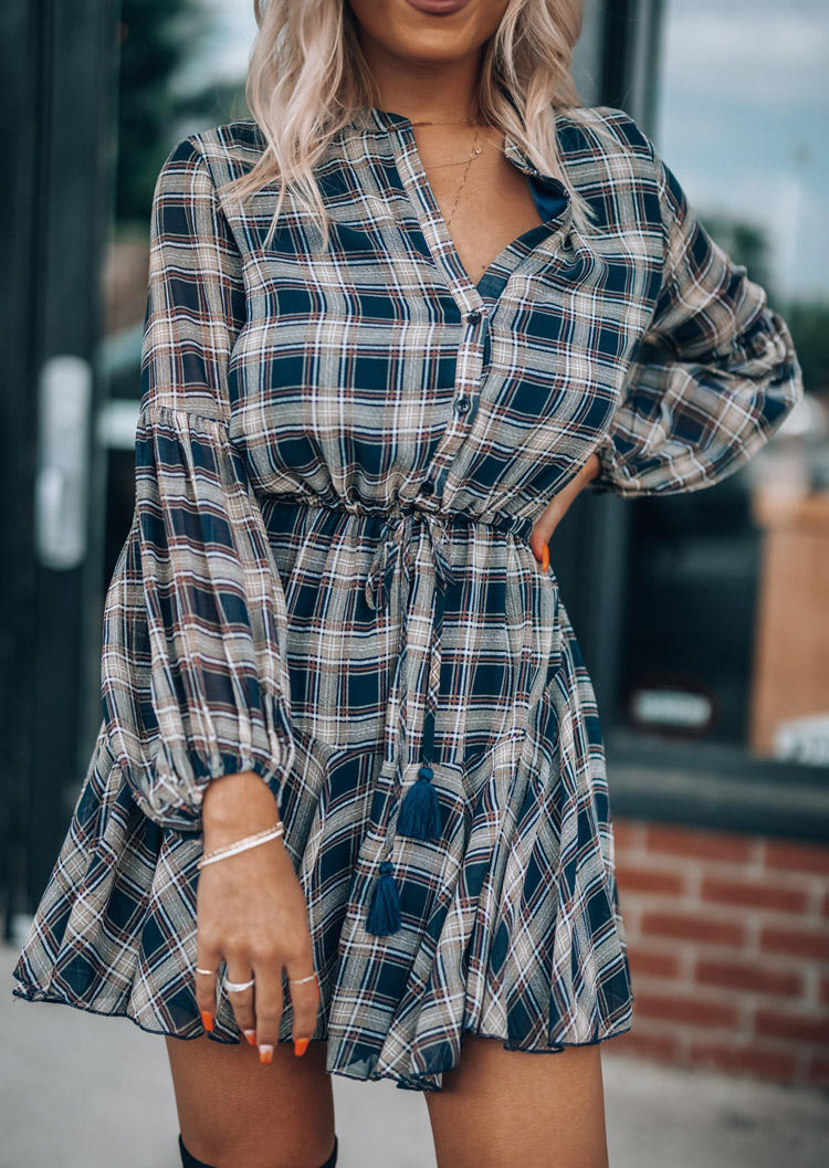Plaid Button Tie Long Sleeve Mini Dress, 520043